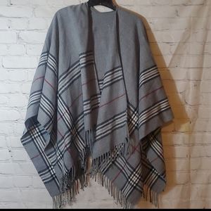 Grey Plaid with Fringe Hem Blanket Wrap Cape